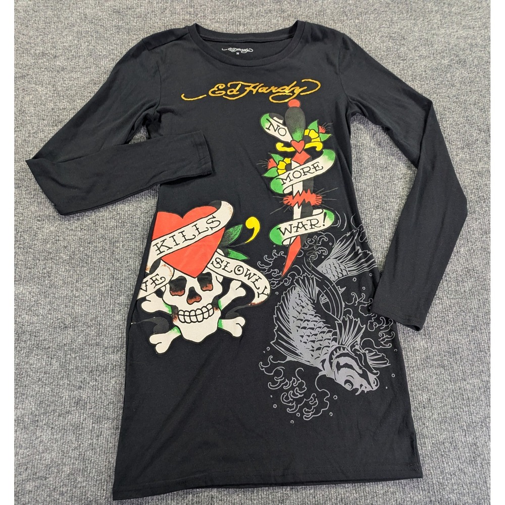 Ed Hardy Womens Black Tattoo Graphic Long Sleeve Mini Dress EHW3108-3 Size M